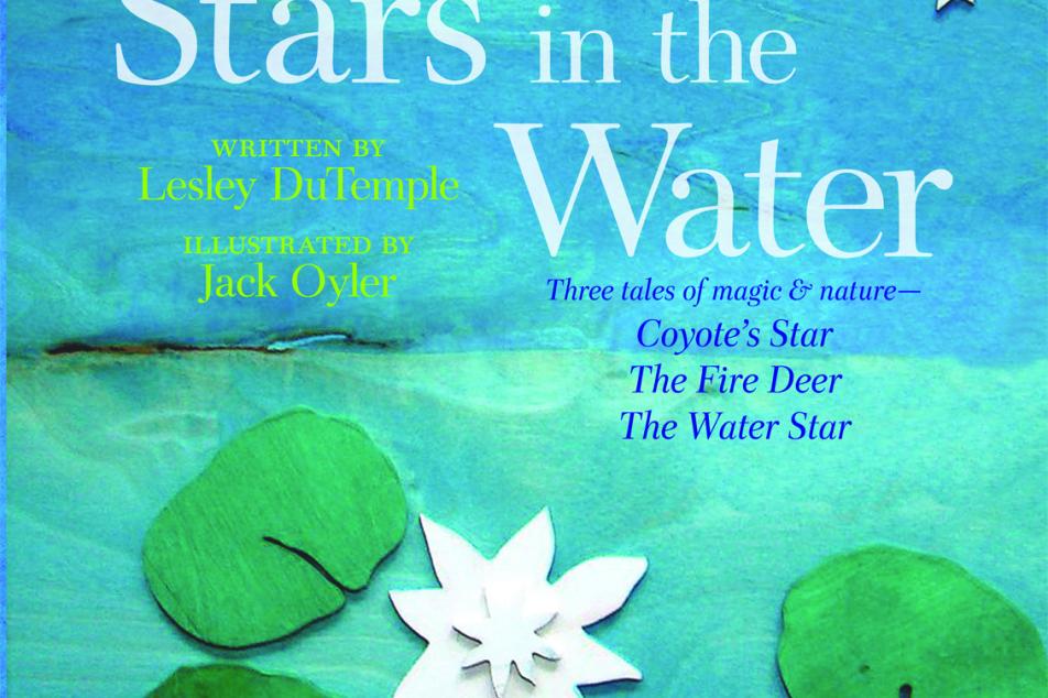 Cover of Stars in the Water woodcut image of  white water lily and pads against blue water